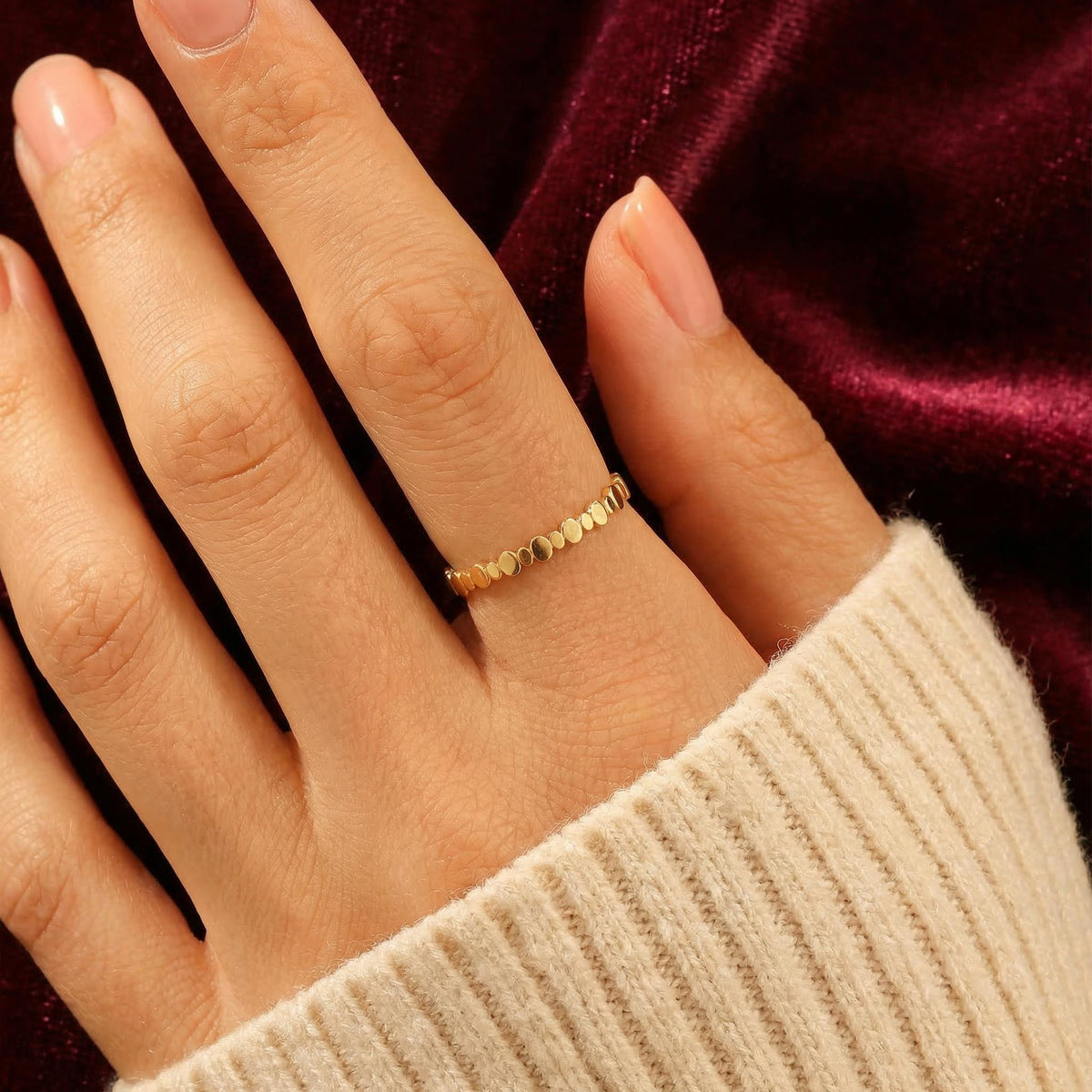 Dainty beaded stacking ring worn