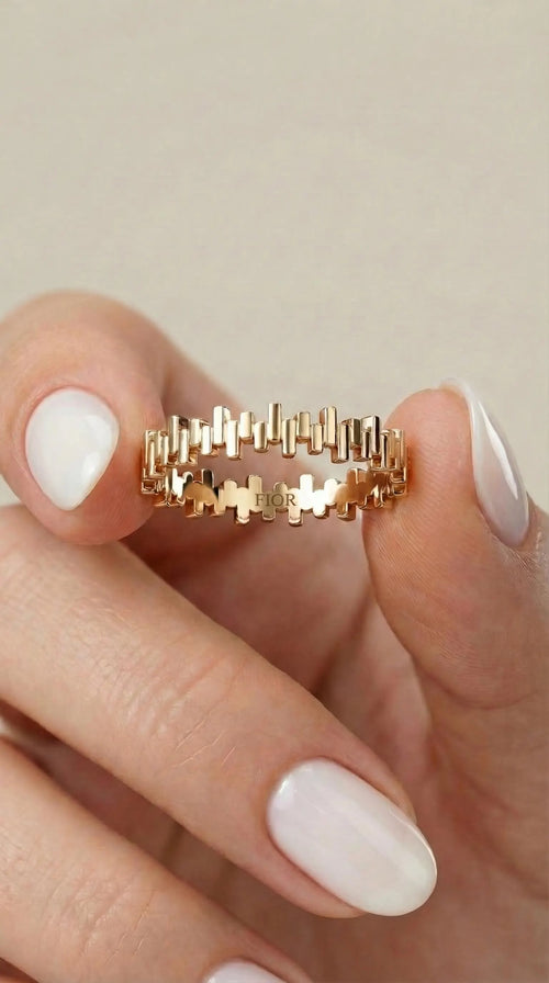 Dainty Solid Gold Band Ring – Textured Bar Stacking Ring