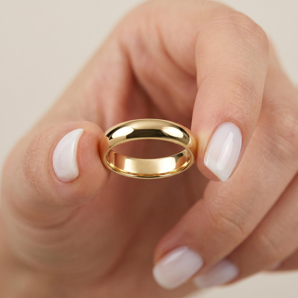 Solid gold 4mm dome wedding band held between fingers