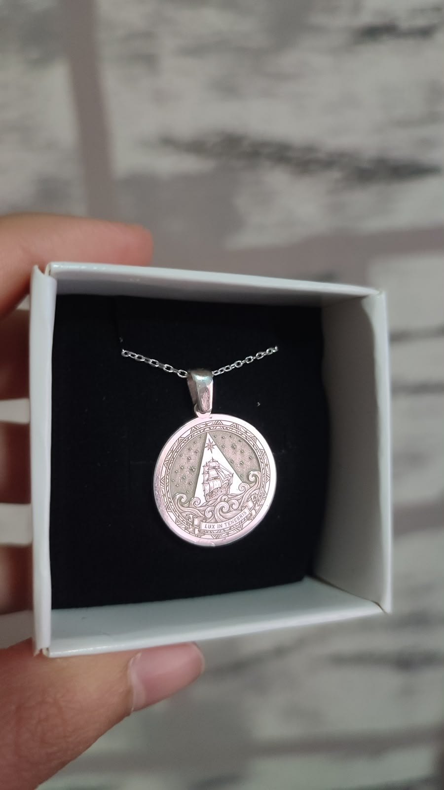 Lux in Tenebris ship necklace