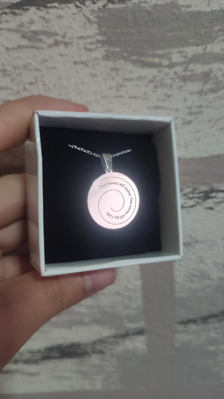Engraved spiral quote necklace