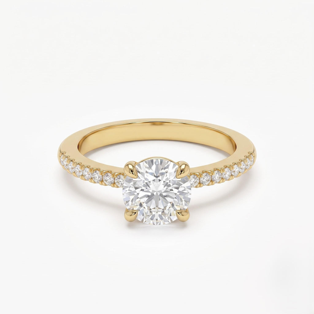 14K yellow gold round diamond engagement ring with pavé band
