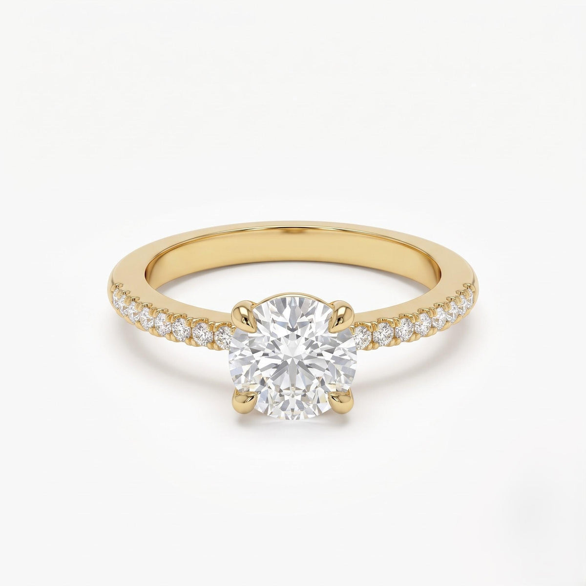 14K yellow gold round diamond engagement ring with pavé band