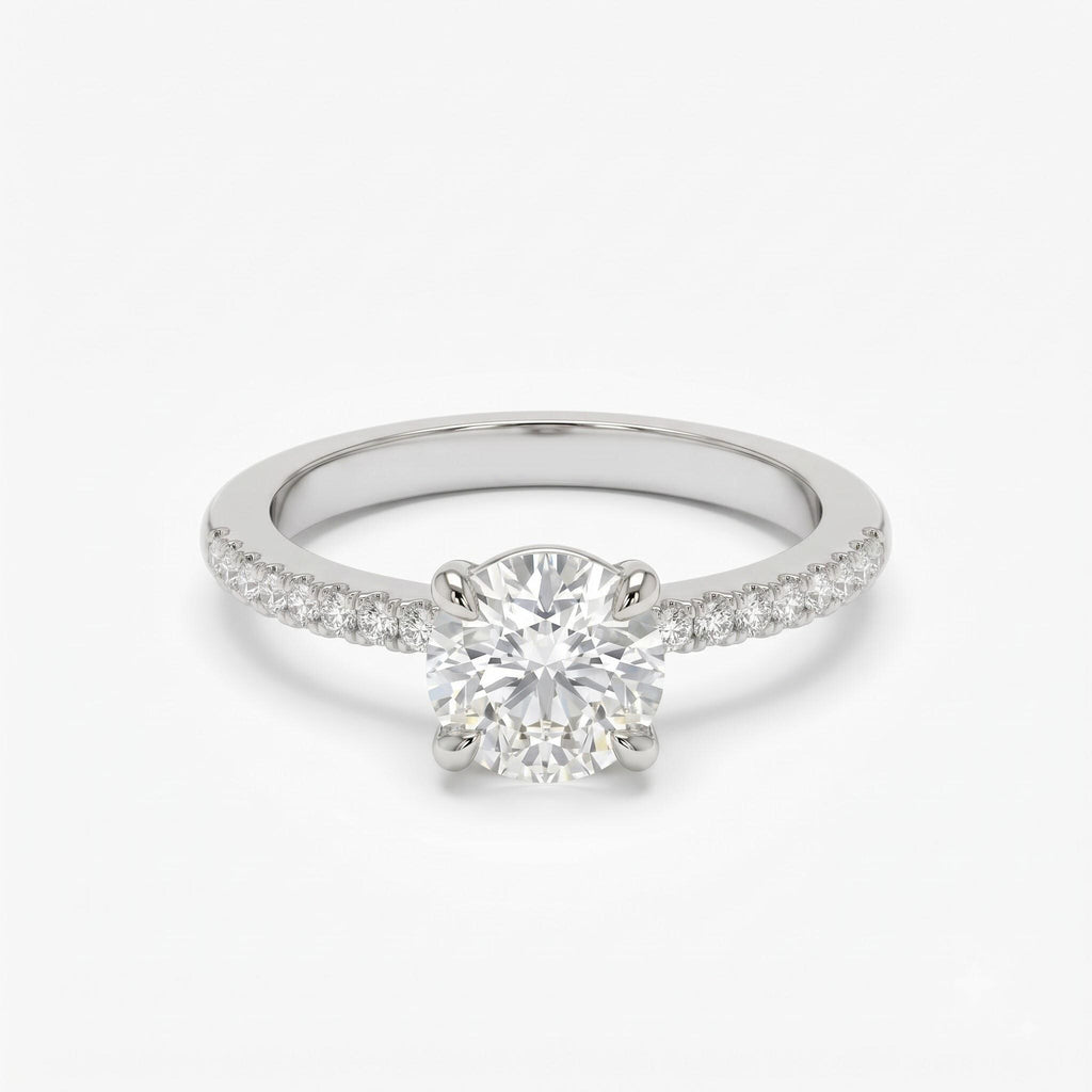 White gold round diamond engagement ring with pavé band