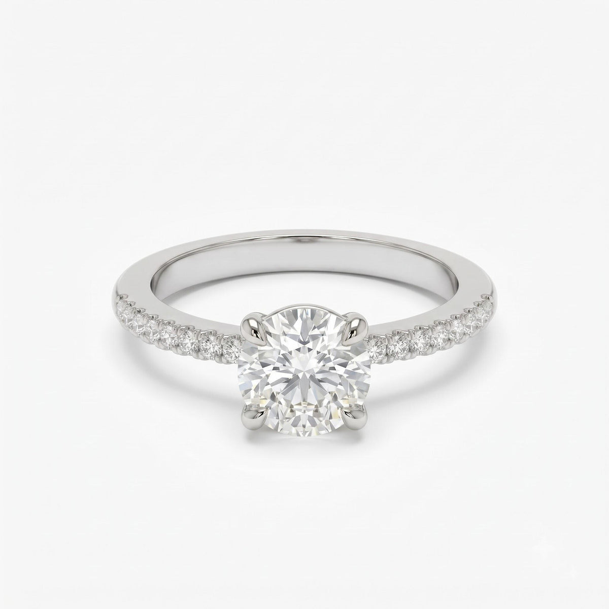 White gold round diamond engagement ring with pavé band