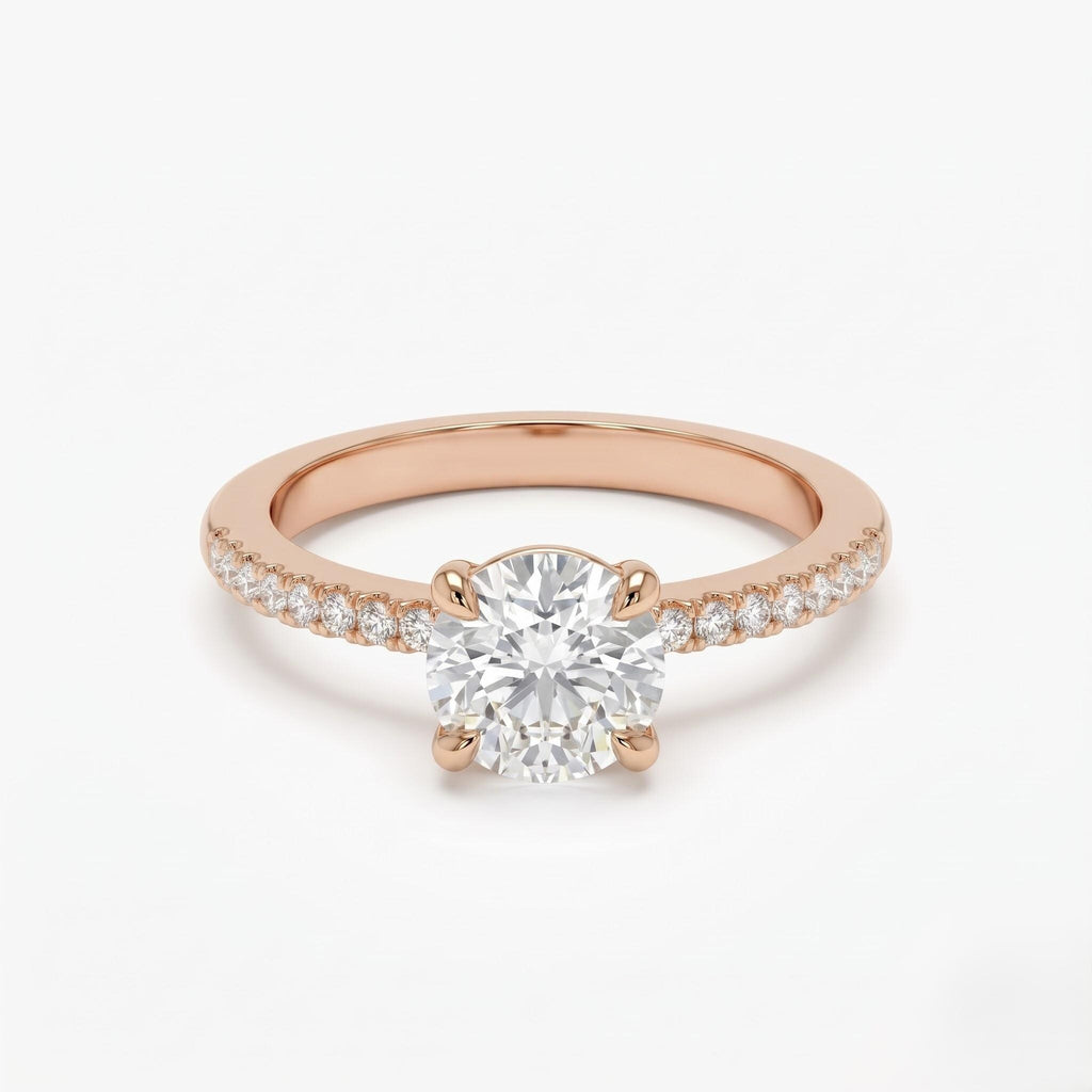 Rose gold round diamond engagement ring with pavé band