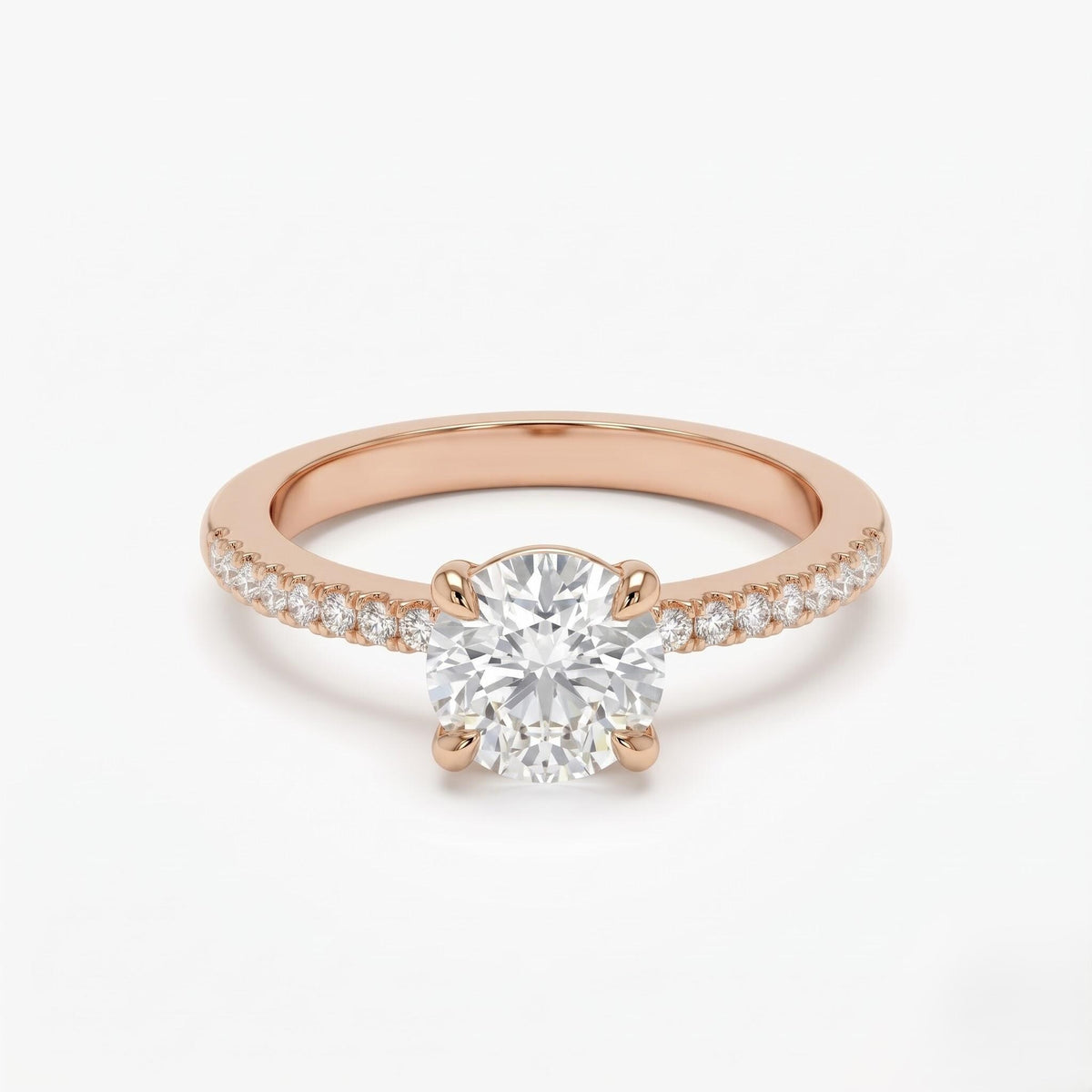 Rose gold round diamond engagement ring with pavé band