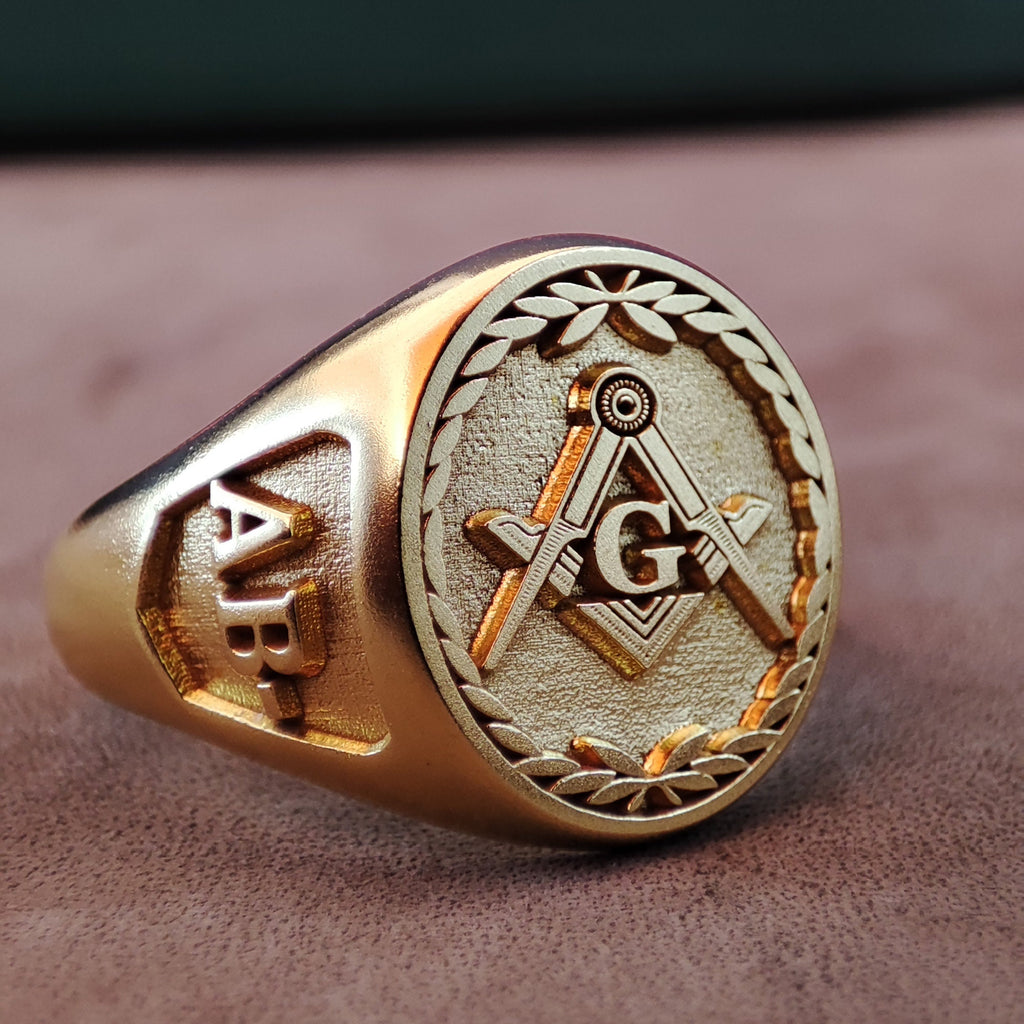 Gold Vermeil Masonic Signet Ring, Freemason Square and Compass Ring