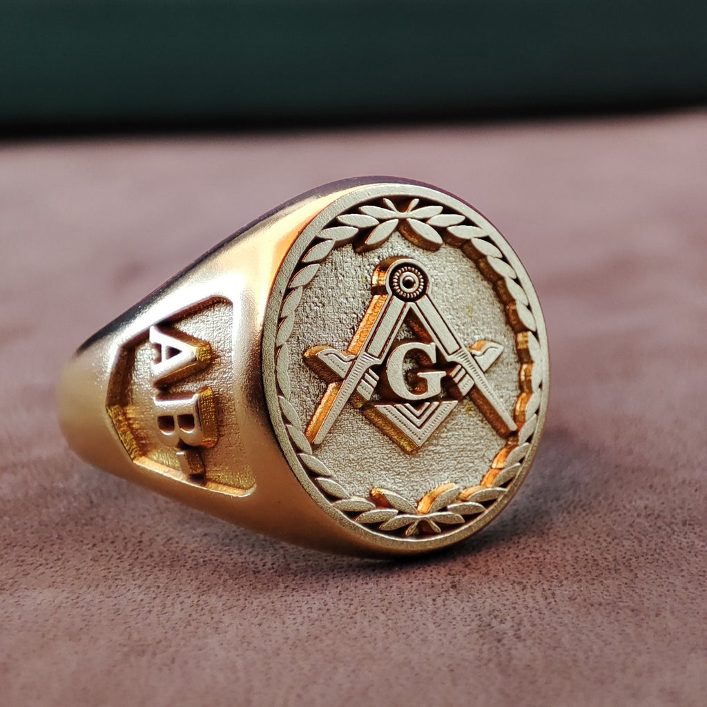Gold Vermeil Masonic Signet Ring, Freemason Square and Compass Ring
