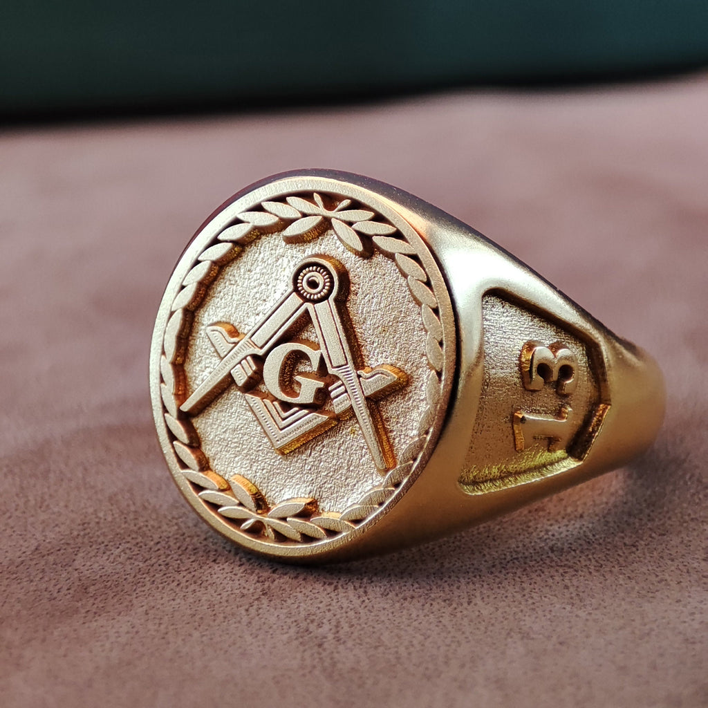 Gold Vermeil Masonic Signet Ring, Freemason Square and Compass Ring