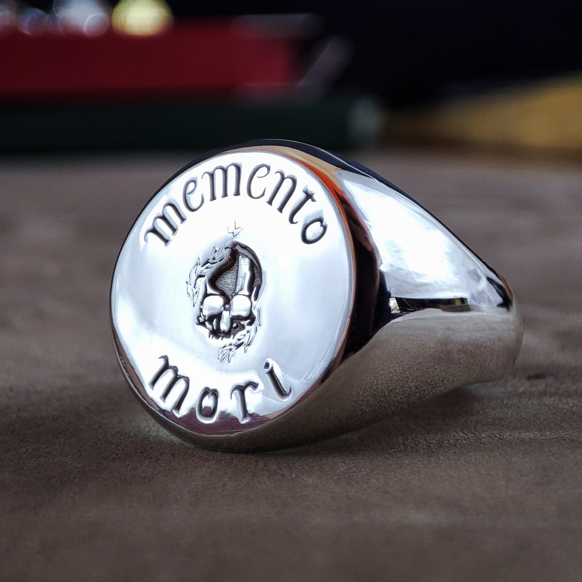Memento Mori Ring, Engraved Skull Signet in Sterling Silver or Gold
