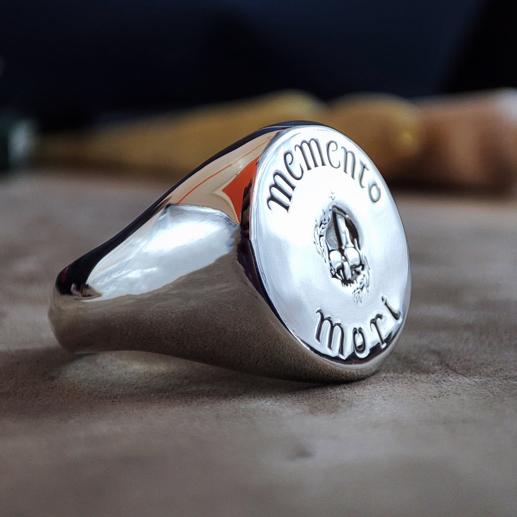 Memento Mori Ring, Engraved Skull Signet in Sterling Silver or Gold