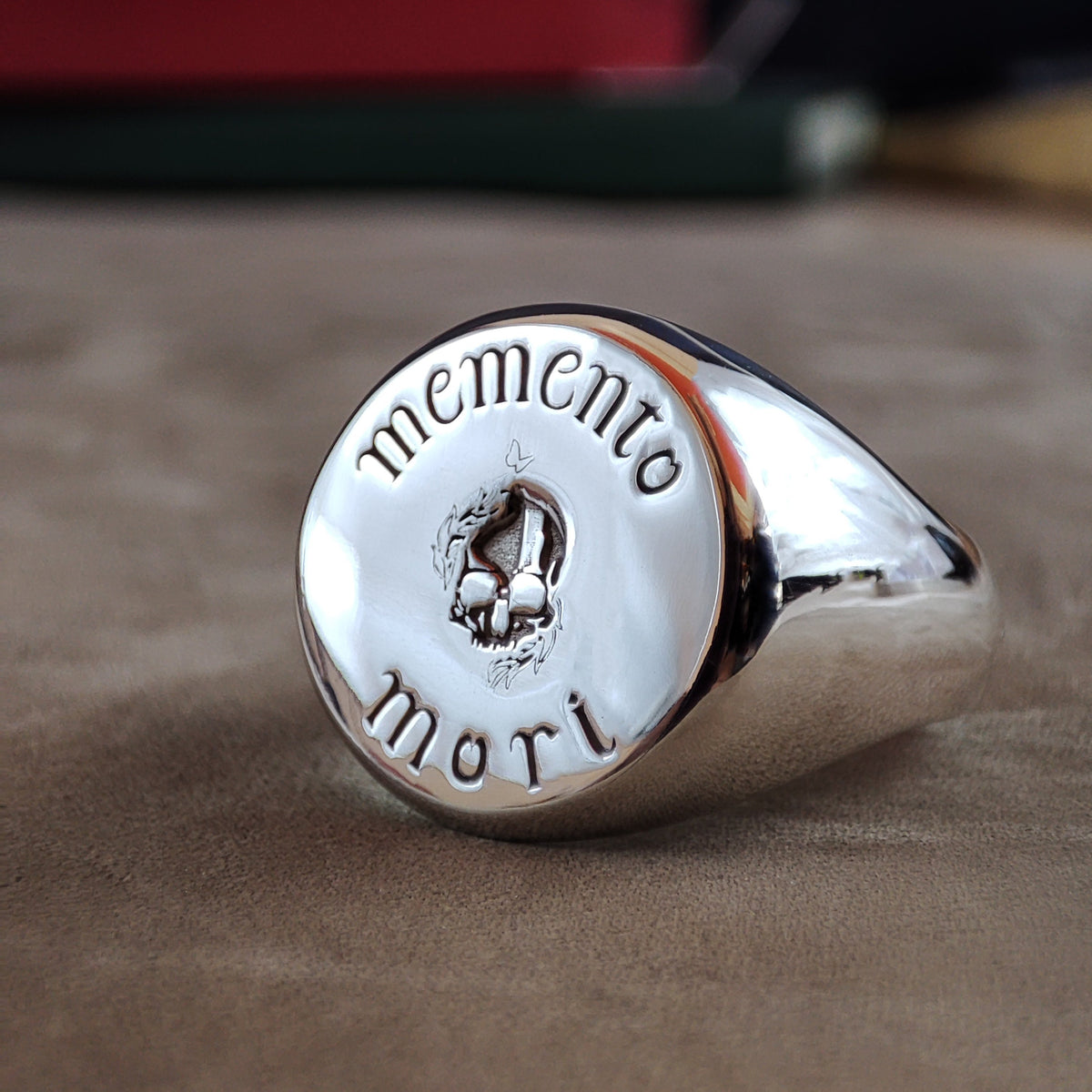 Memento Mori Ring, Engraved Skull Signet in Sterling Silver or Gold