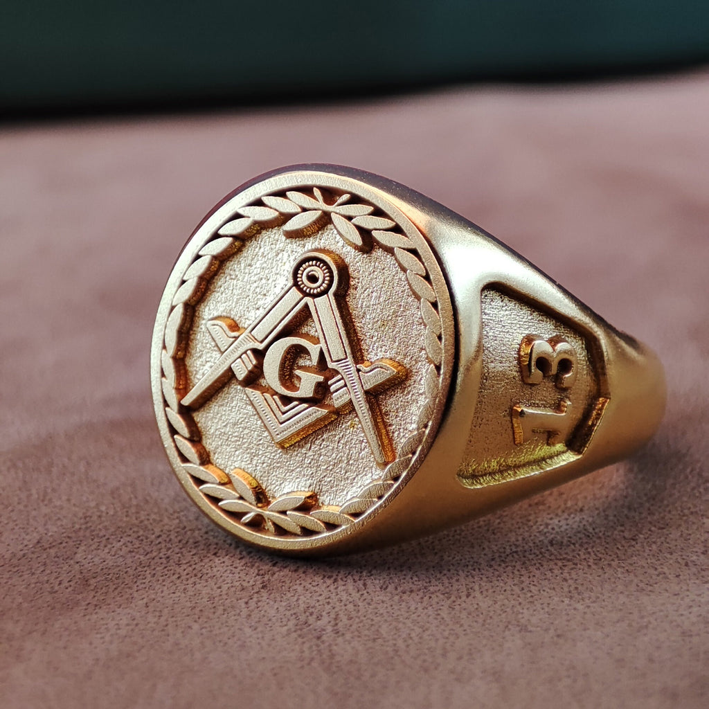 Gold Vermeil Masonic Signet Ring, Freemason Square and Compass Ring