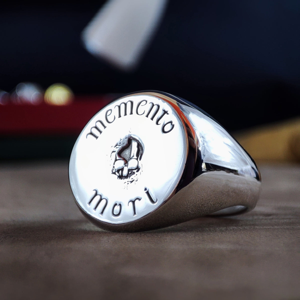 Memento Mori Ring, Engraved Skull Signet in Sterling Silver or Gold