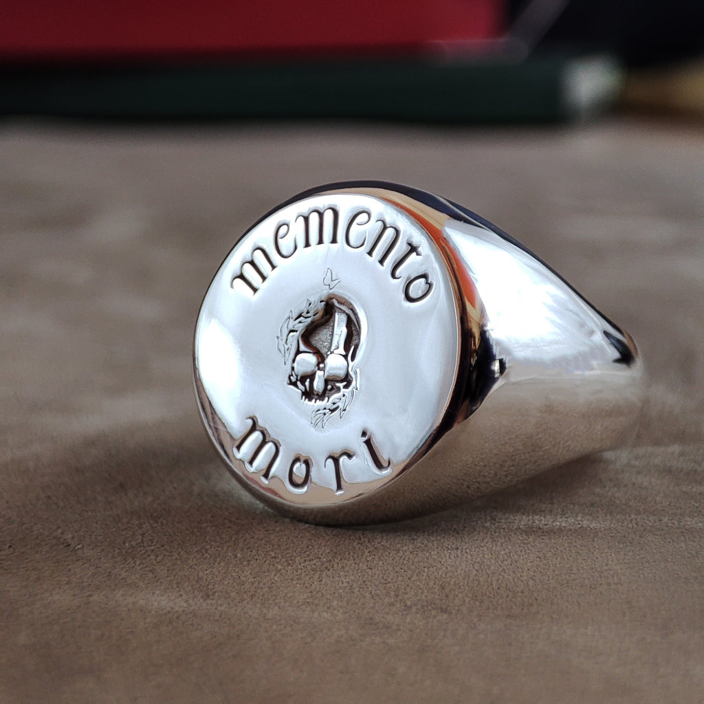 Memento Mori Ring, Engraved Skull Signet in Sterling Silver or Gold