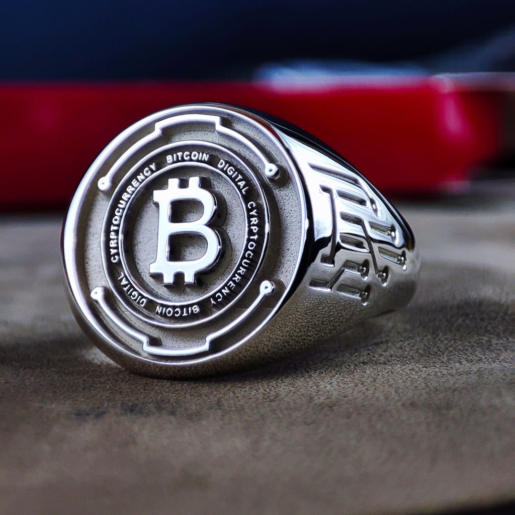 Gold Bitcoin Signet Ring, Engraved Crypto Symbol Jewelry, Mens Trader Ring