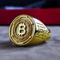 Gold Bitcoin Signet Ring, Engraved Crypto Symbol Jewelry, Mens Trader Ring