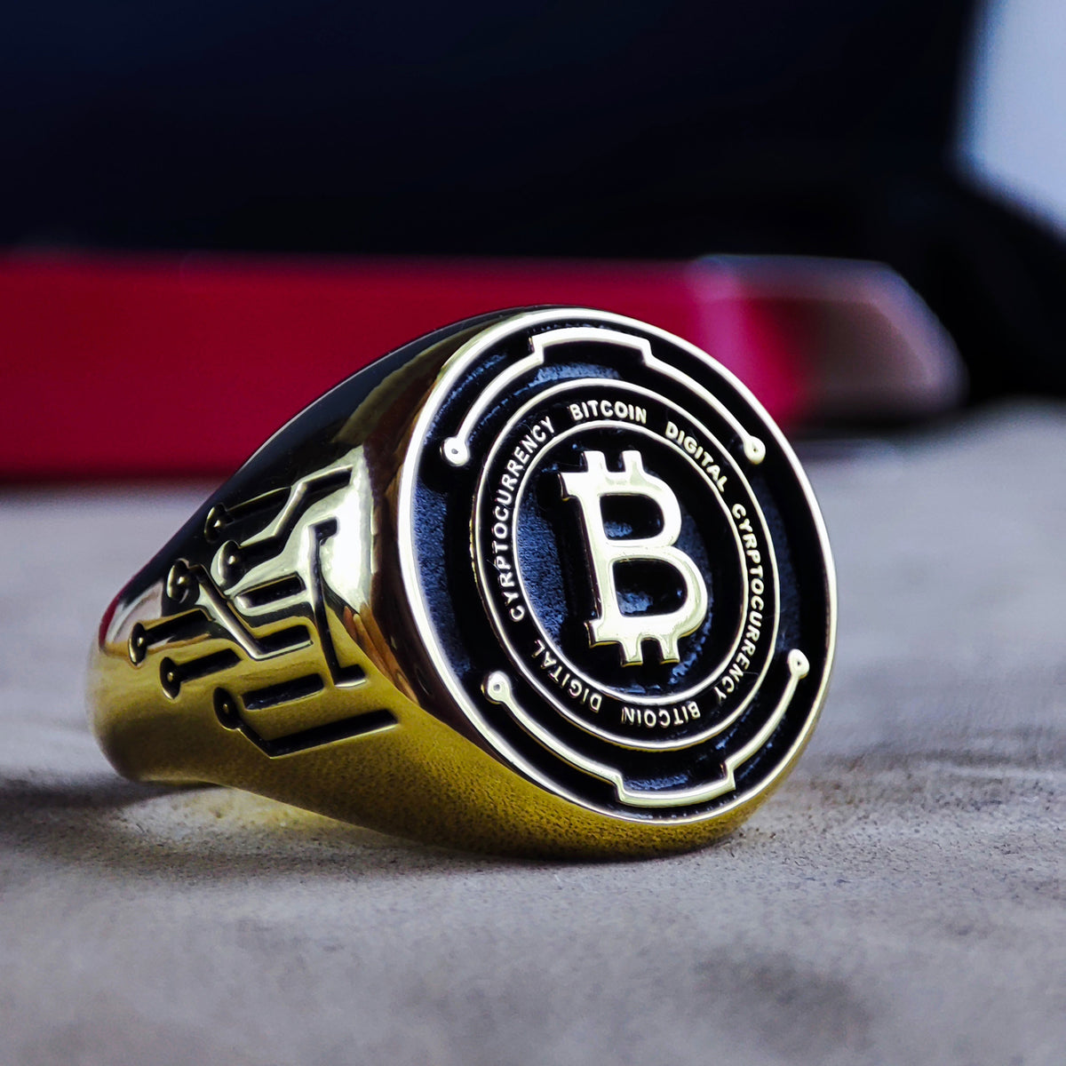 Gold Bitcoin Signet Ring, Engraved Crypto Symbol Jewelry, Mens Trader Ring
