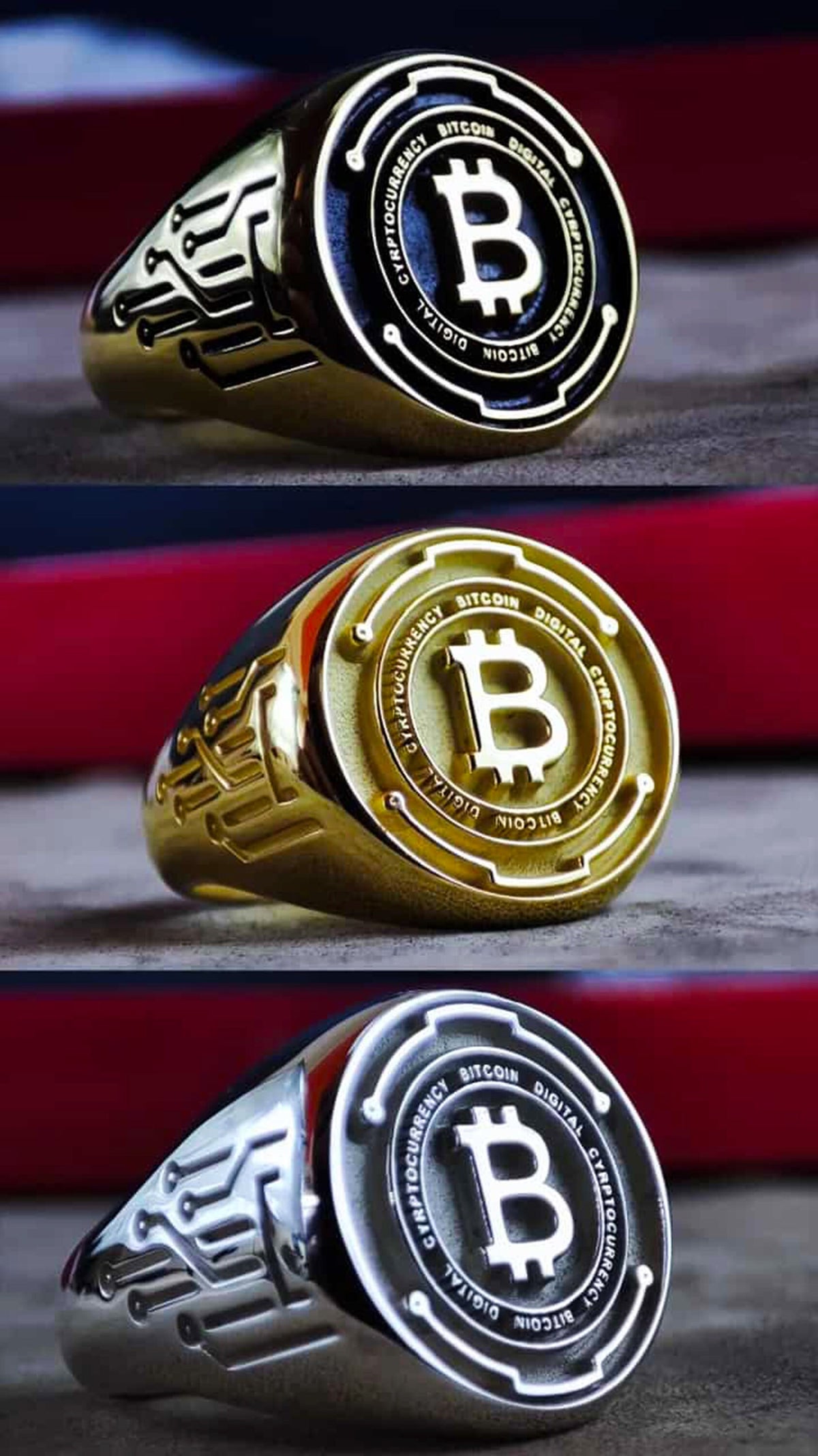 Gold Bitcoin Signet Ring, Engraved Crypto Symbol Jewelry, Mens Trader Ring