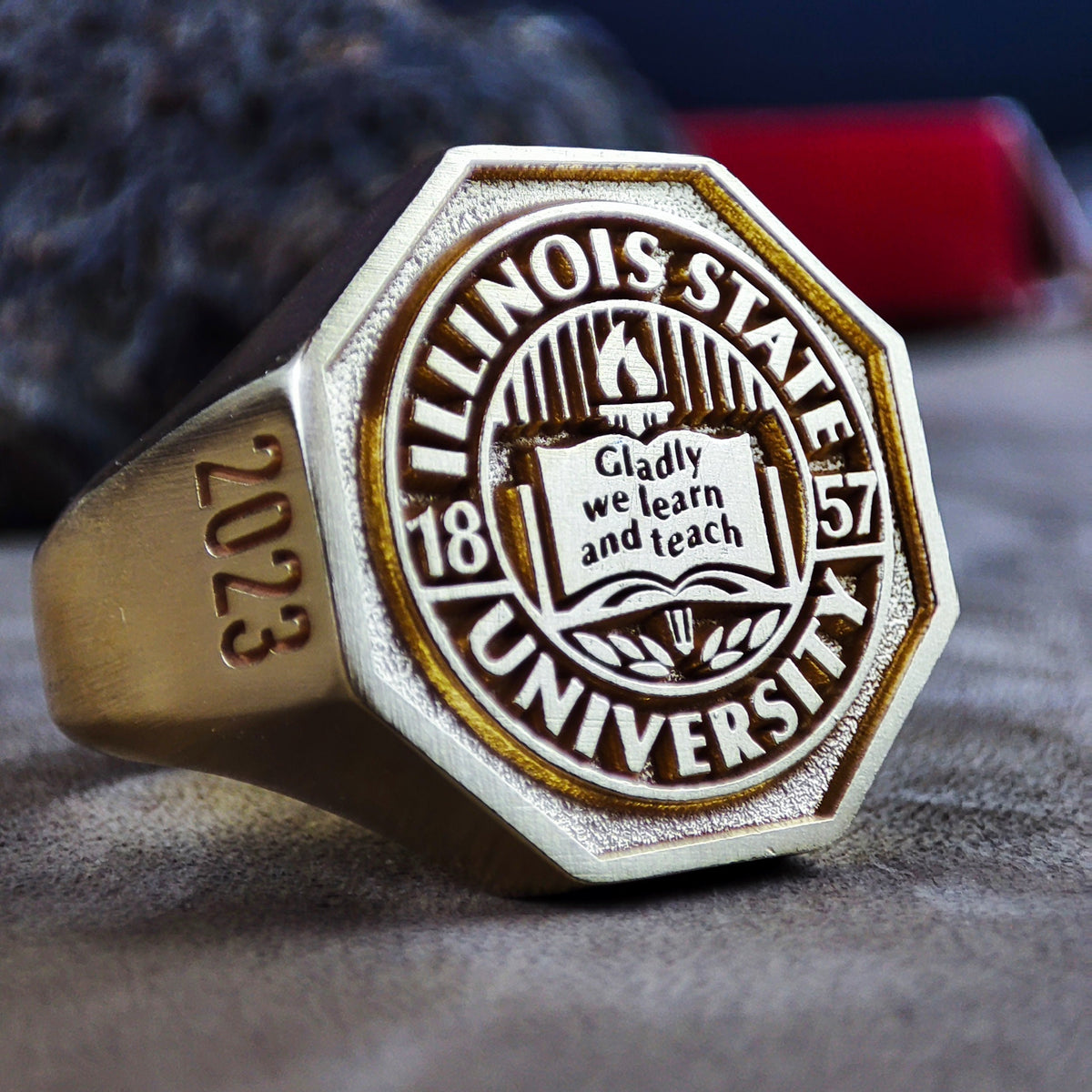Gold Vermeil Hexagonal University Ring, Custom College Signet Ring for Men
