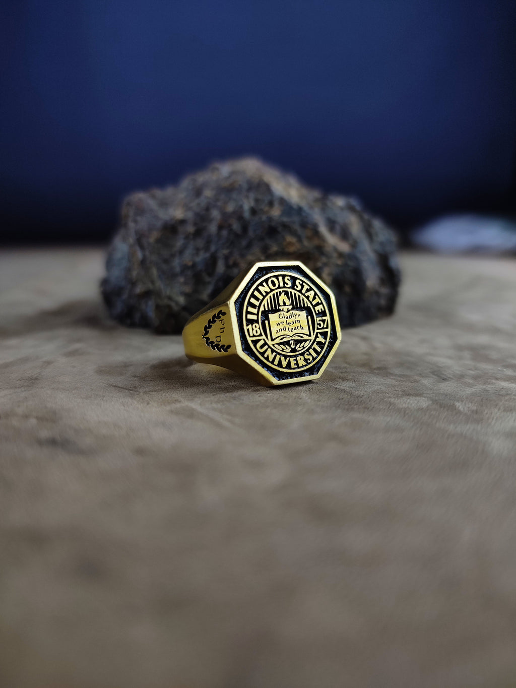 Gold Vermeil Hexagonal University Ring, Custom College Signet Ring for Men