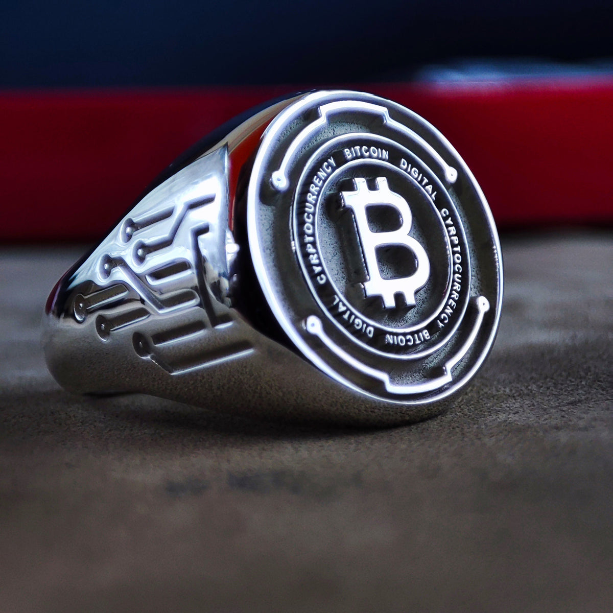 Gold Bitcoin Signet Ring, Engraved Crypto Symbol Jewelry, Mens Trader Ring