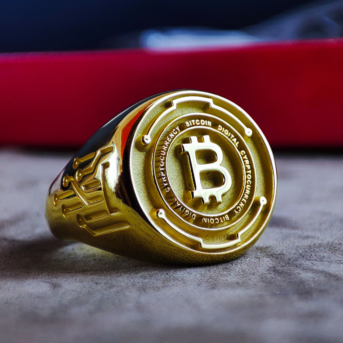 Gold Bitcoin Signet Ring, Engraved Crypto Symbol Jewelry, Mens Trader Ring