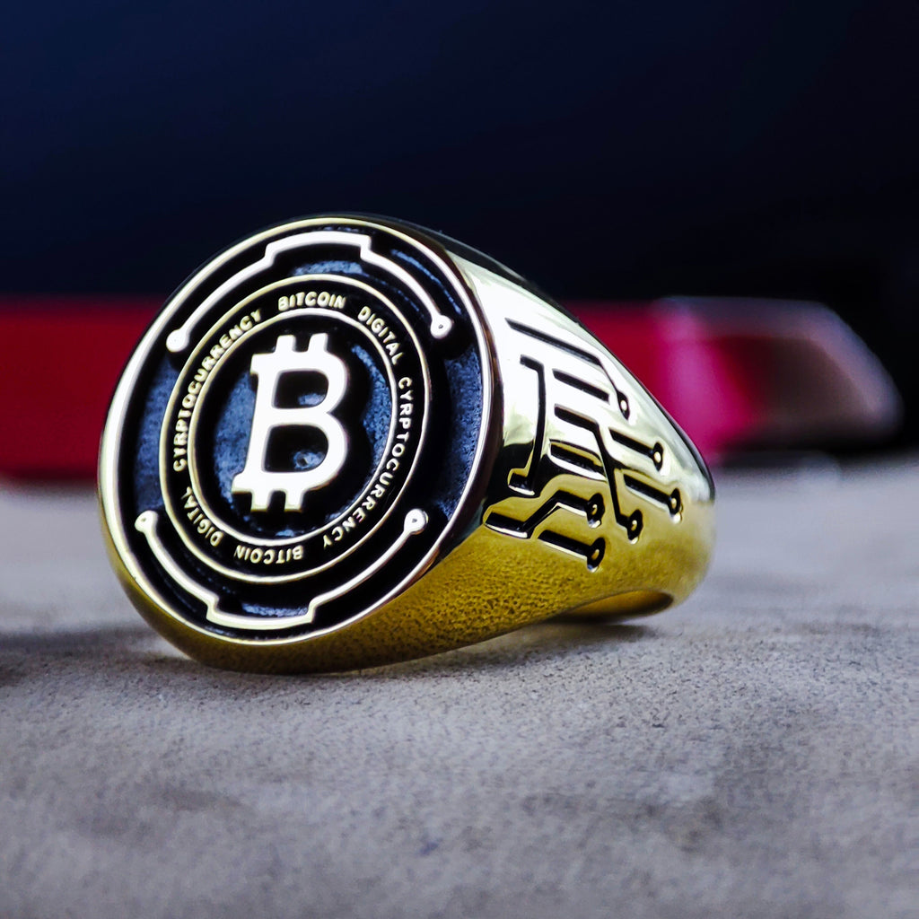 Gold Bitcoin Signet Ring, Engraved Crypto Symbol Jewelry, Mens Trader Ring