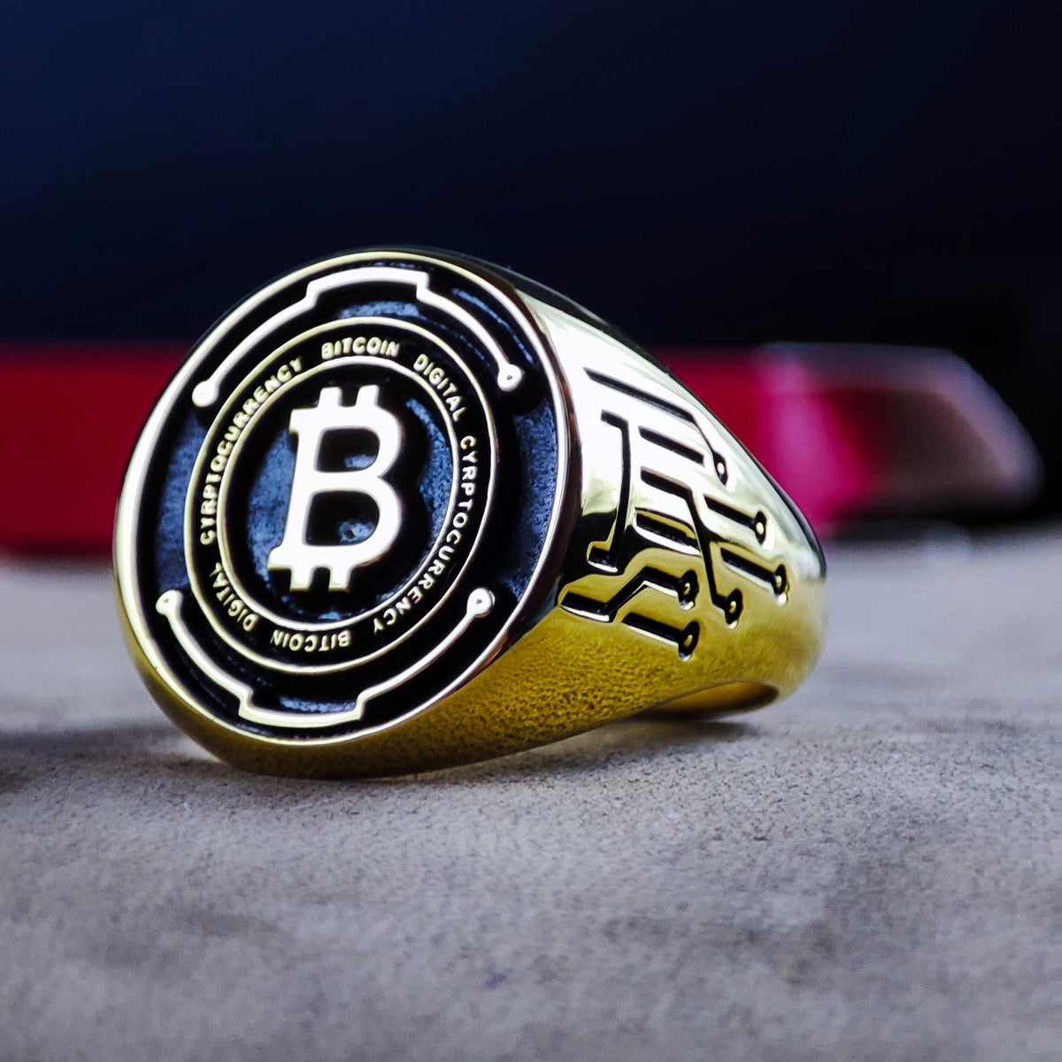 Gold Bitcoin Signet Ring, Engraved Crypto Symbol Jewelry, Mens Trader Ring
