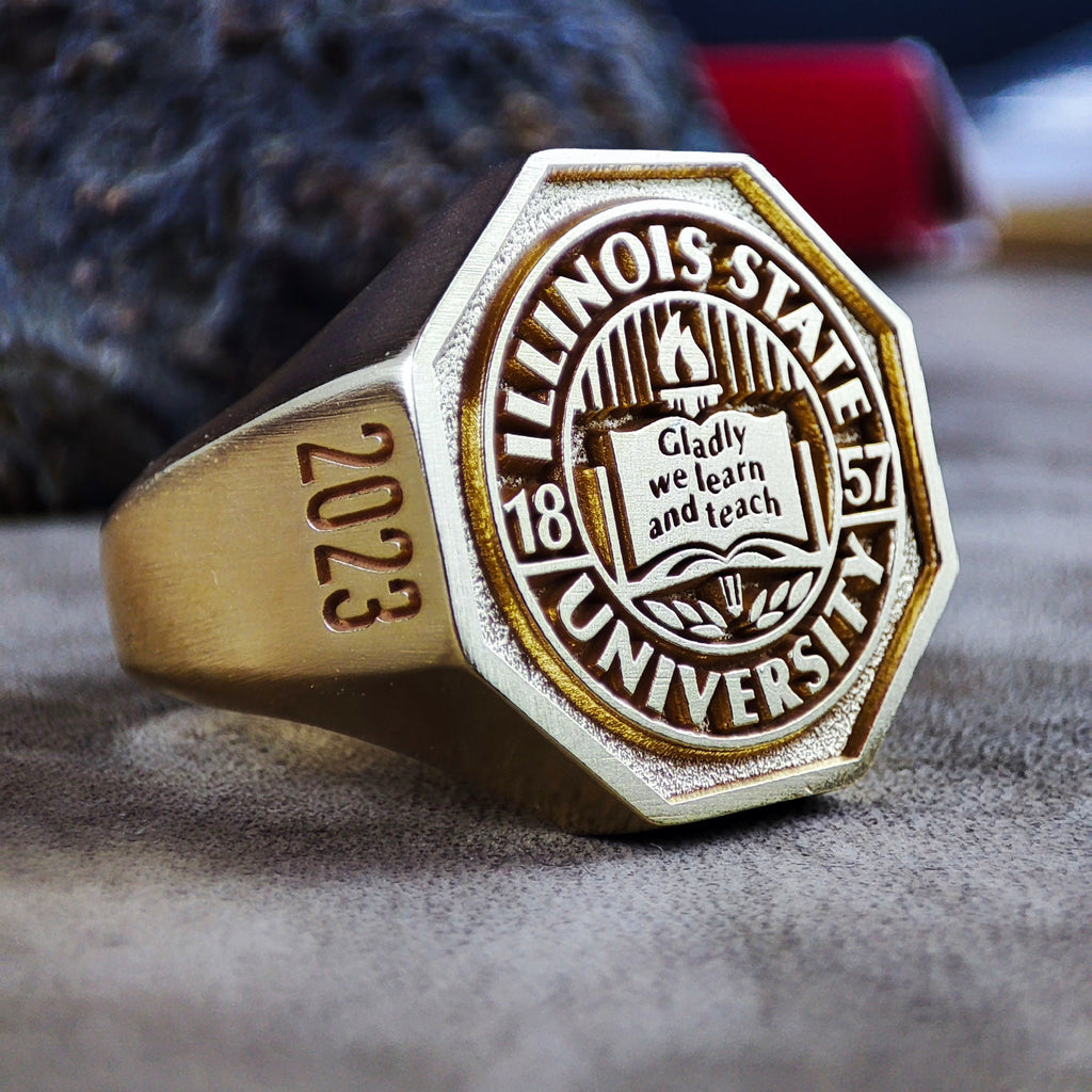 Gold Vermeil Hexagonal University Ring, Custom College Signet Ring for Men