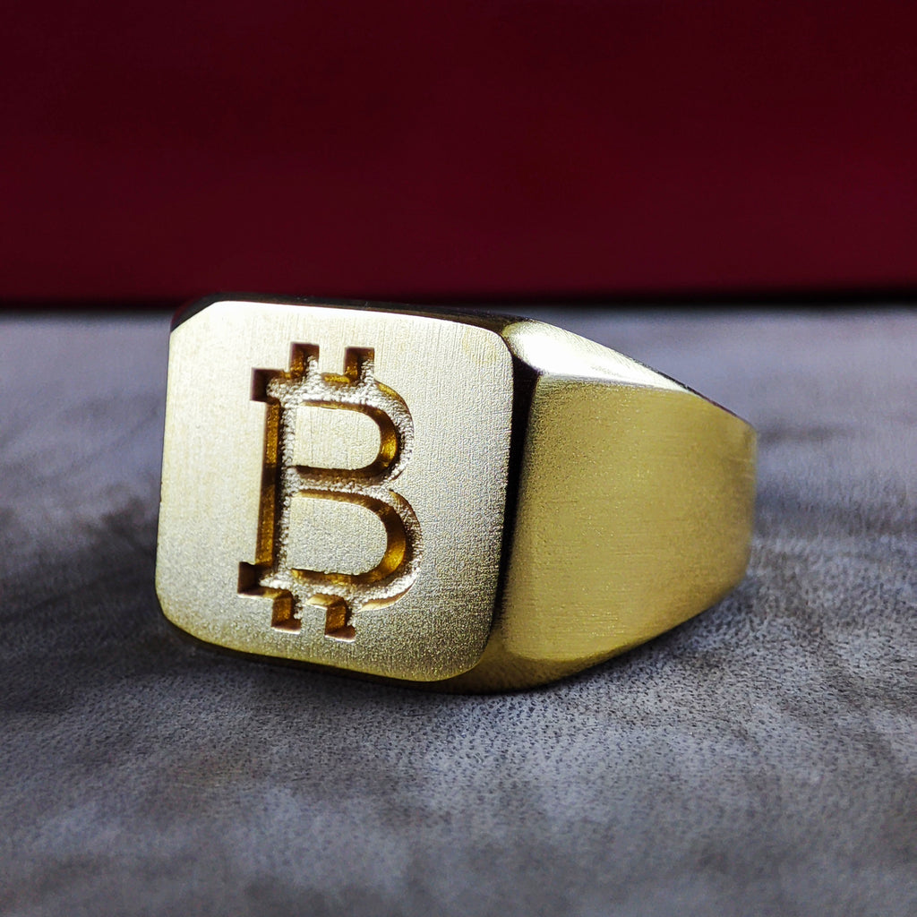 Vermeil Bitcoin Signet Ring for Men, Custom Crypto Jewelry, Cryptocurrency Gift