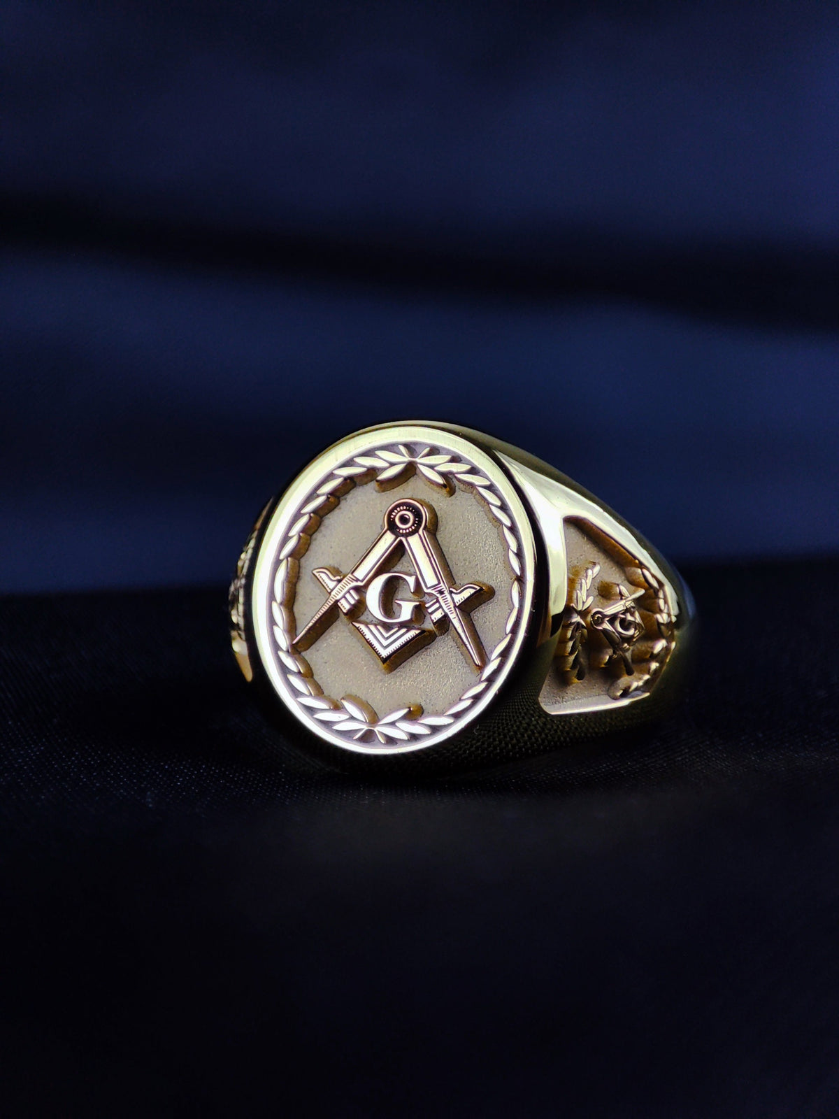 Gold Plated Masonic Signet Ring, Freemason Square and Compass Ring for Men