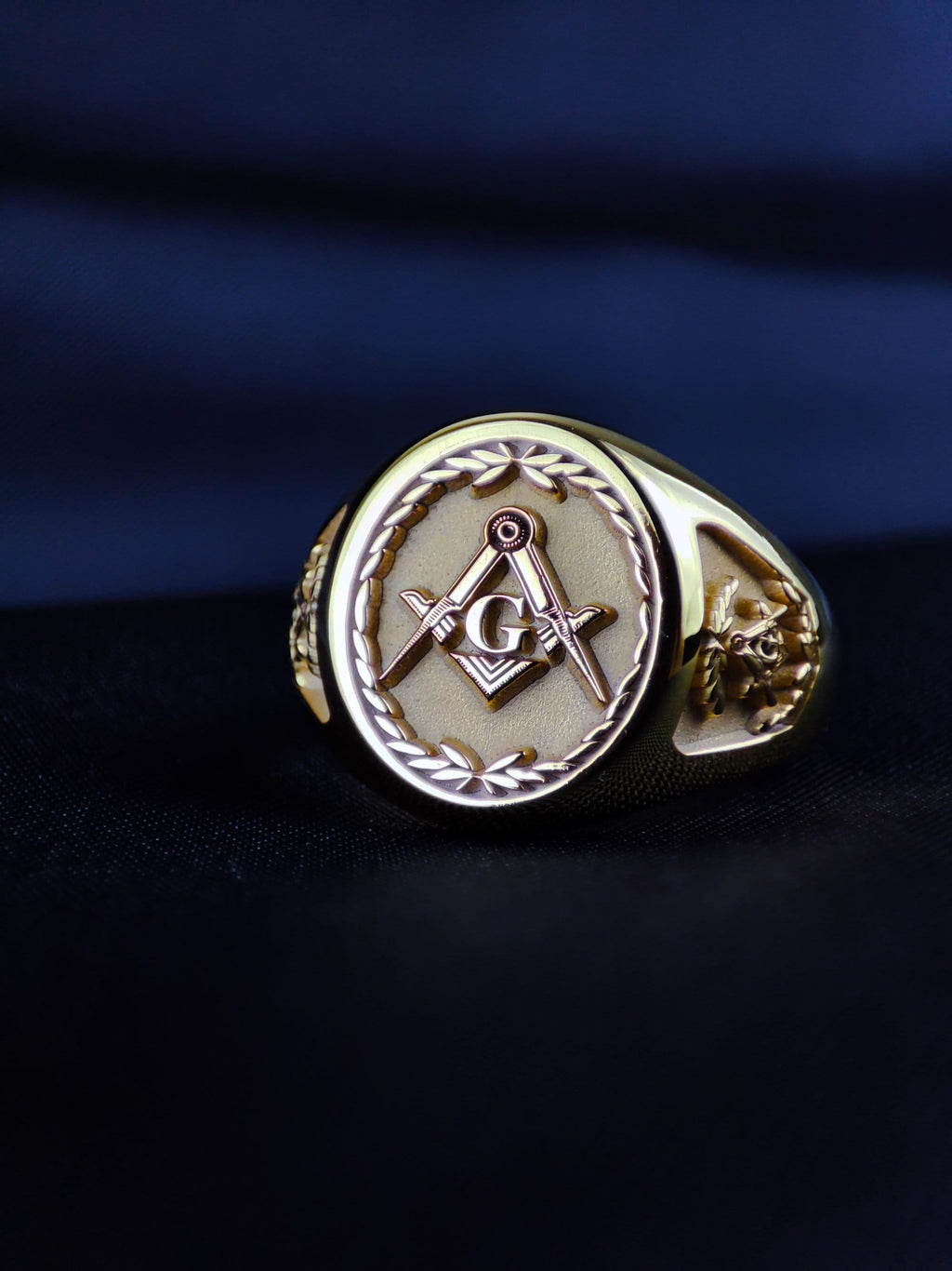 Gold Plated Masonic Signet Ring, Freemason Square and Compass Ring for Men