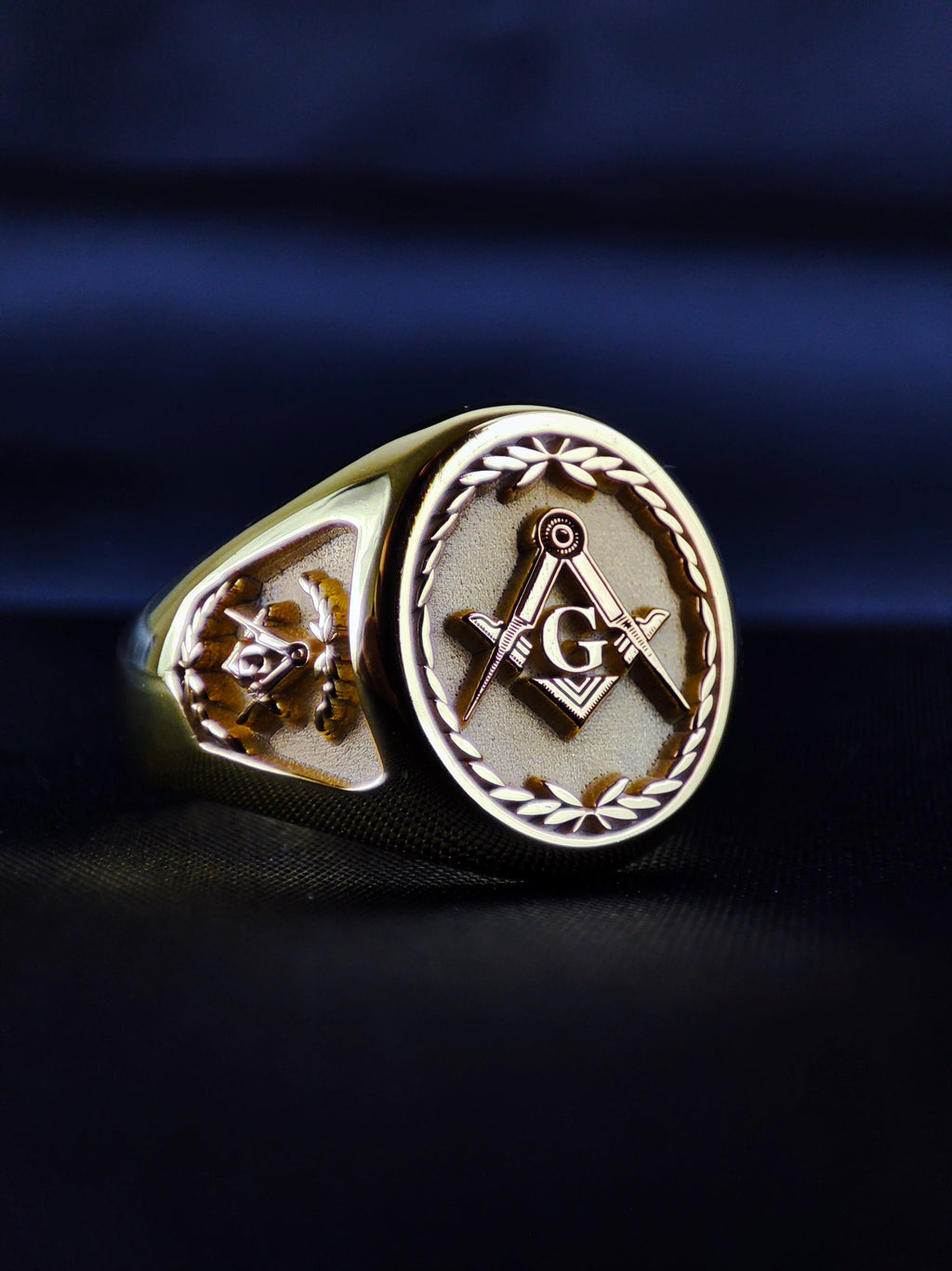 Gold Plated Masonic Signet Ring, Freemason Square and Compass Ring for Men