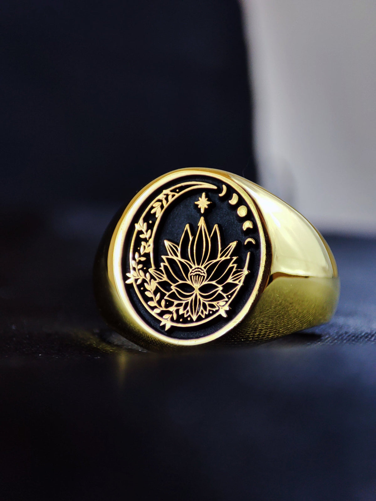 Gold Filled Lotus Flower Signet Ring For Her - Yoga Crescent Moon Jewelry