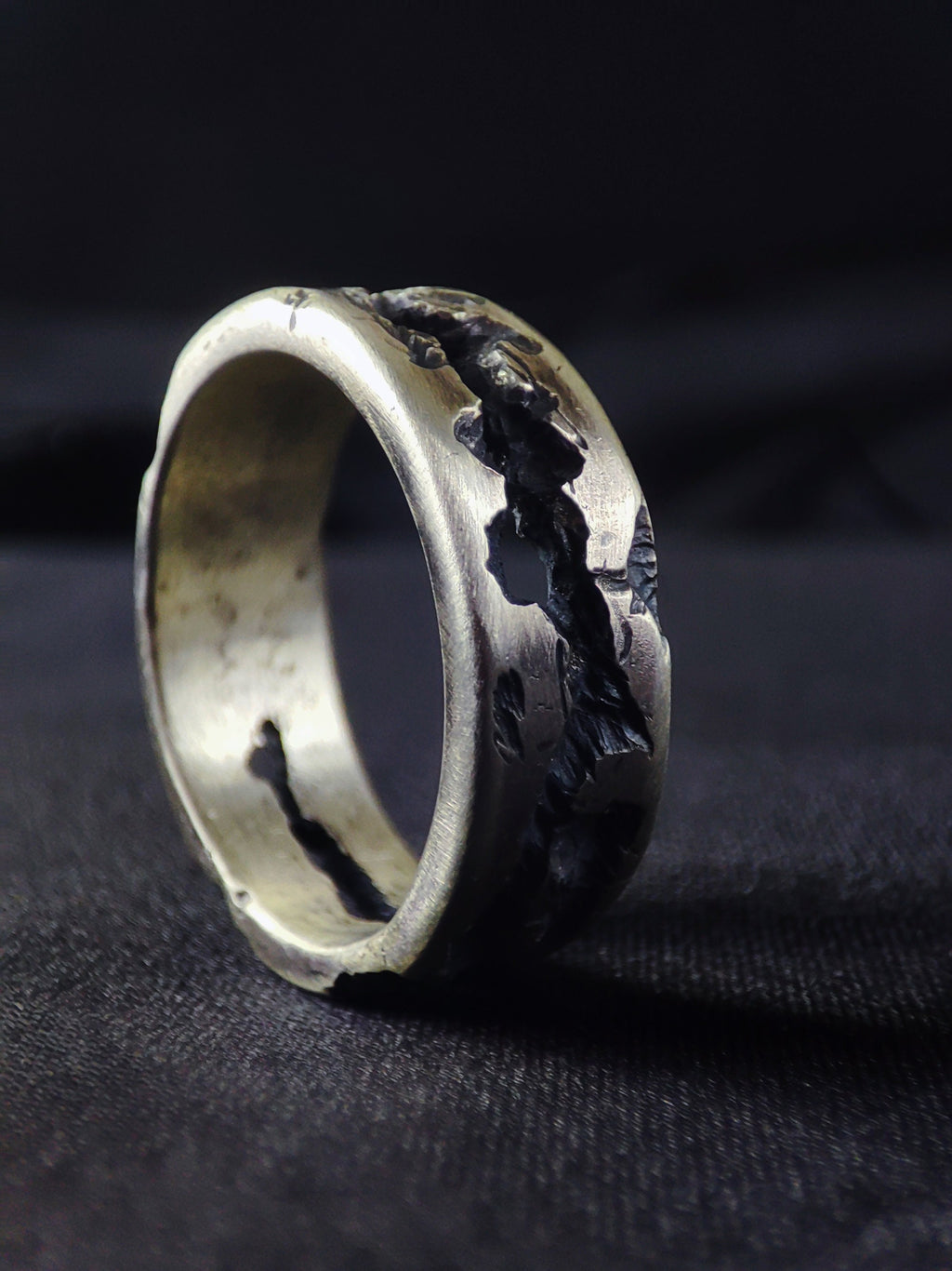Men's Sterling Silver Ring, Oxidized Brutalist Molten Organic Band