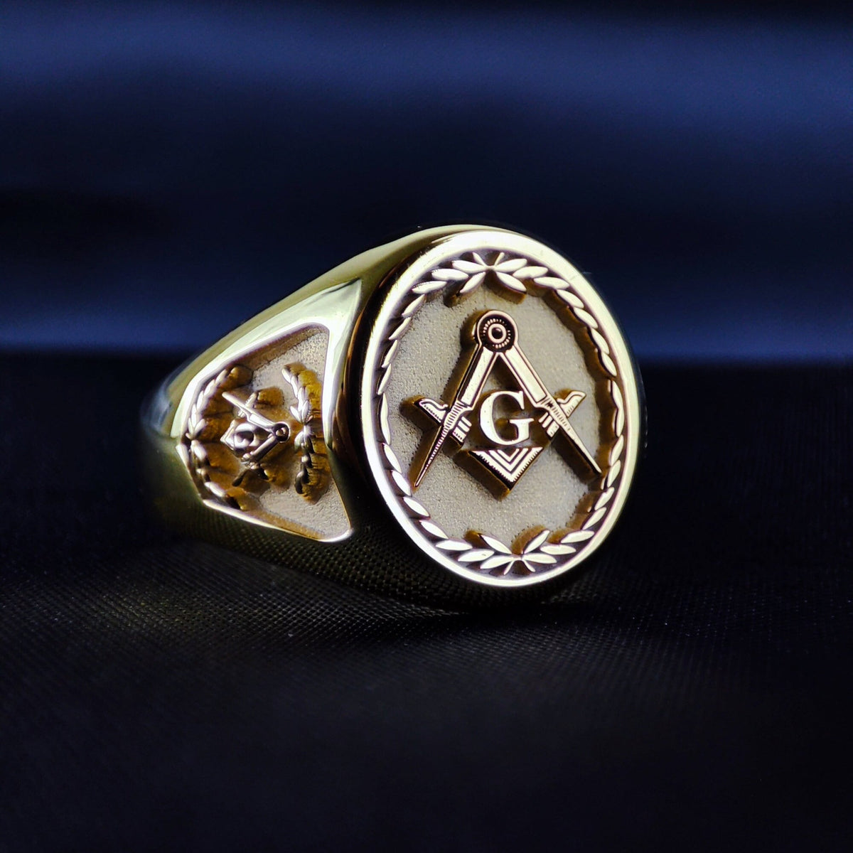 Gold Plated Masonic Signet Ring, Freemason Square and Compass Ring for Men