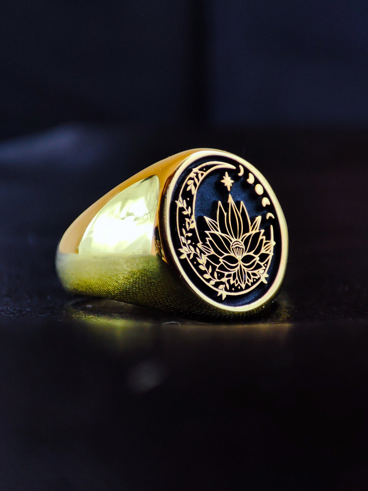 Gold Filled Lotus Flower Signet Ring For Her - Yoga Crescent Moon Jewelry