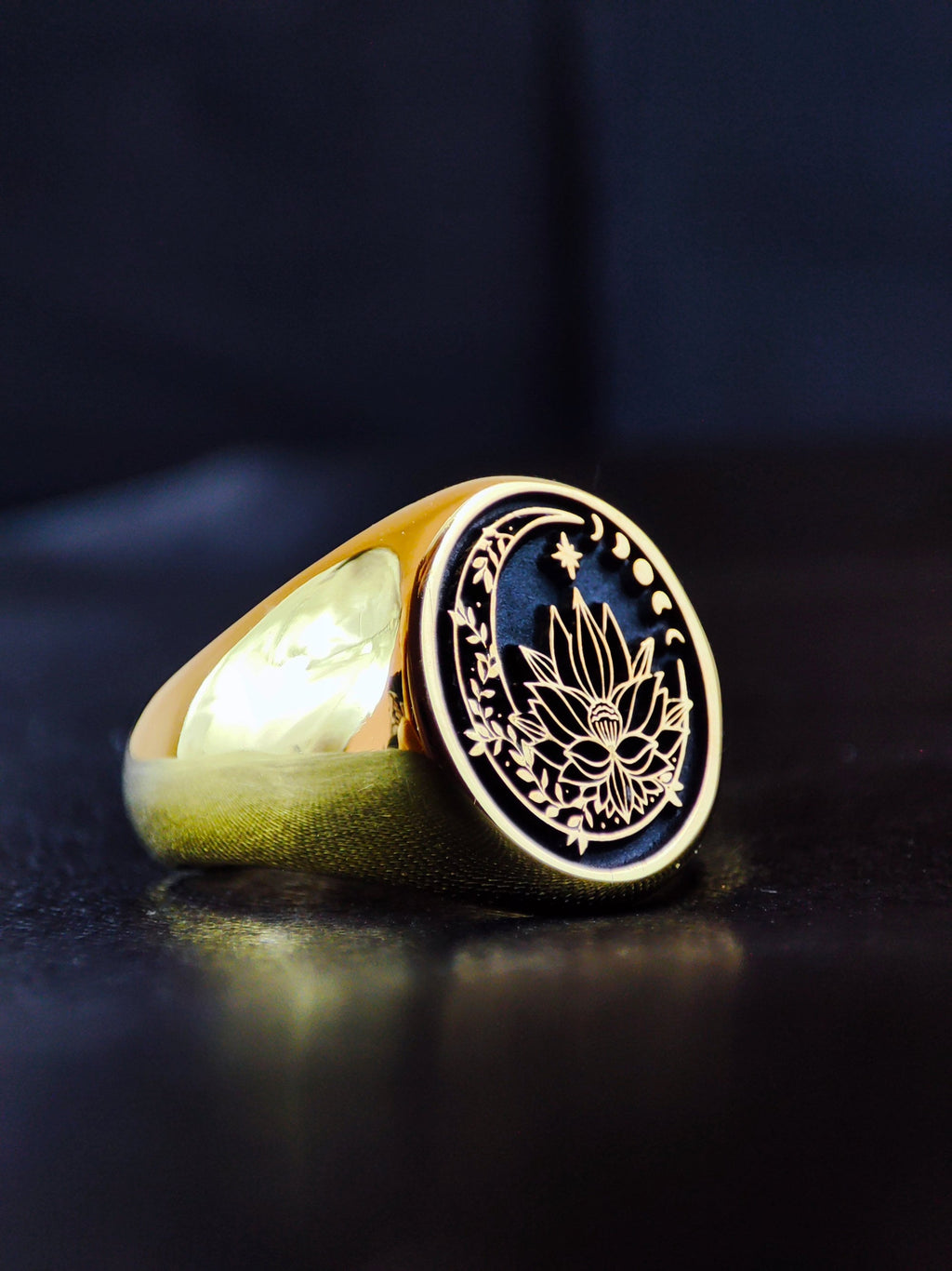Gold Filled Lotus Flower Signet Ring For Her - Yoga Crescent Moon Jewelry