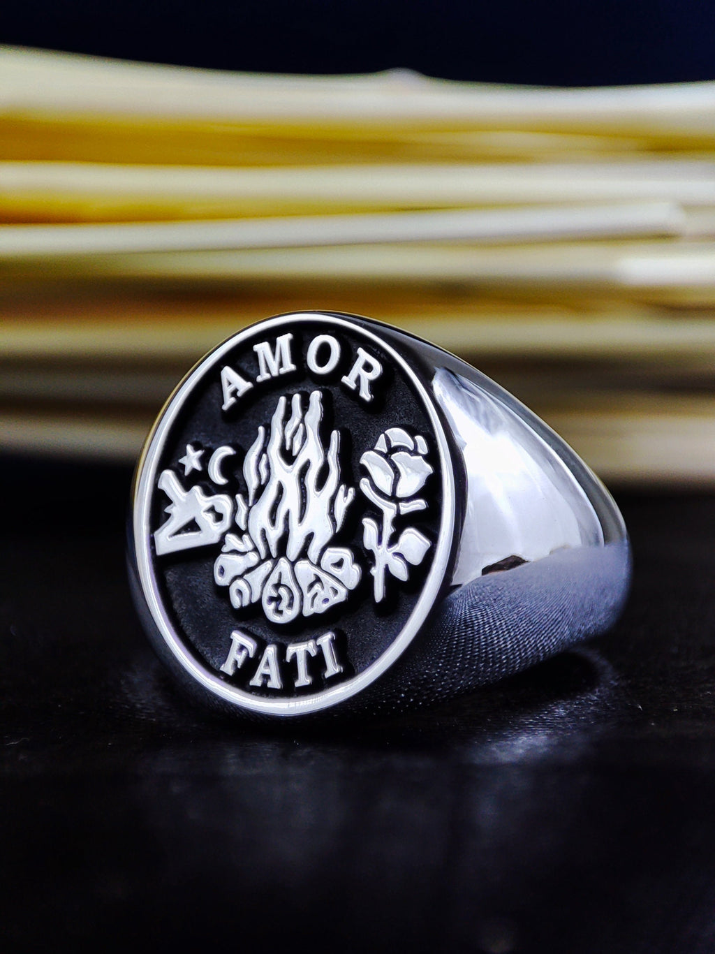 Memento Mori Sterling Silver Signet Ring: Amor Fati Stoic Jewelry