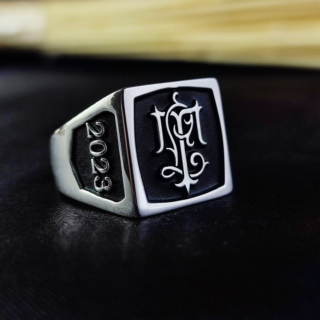 Custom Two Initial Ring, Men's Square Monogram Ring in Sterling Silver or Gold