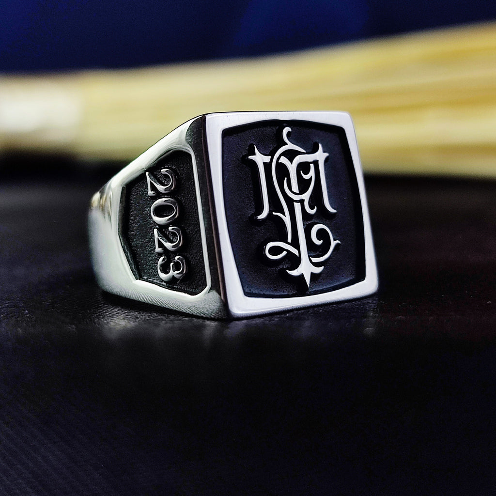 Custom Two Initial Ring, Men's Square Monogram Ring in Sterling Silver or Gold