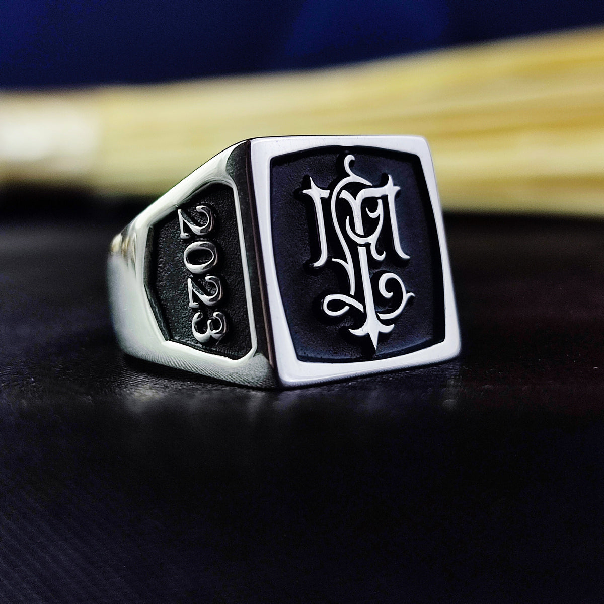 Custom Two Initial Ring, Men's Square Monogram Ring in Sterling Silver or Gold