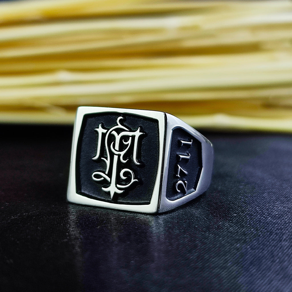 Custom Two Initial Ring, Men's Square Monogram Ring in Sterling Silver or Gold