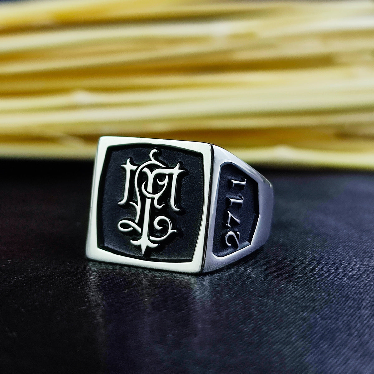 Custom Two Initial Ring, Men's Square Monogram Ring in Sterling Silver or Gold