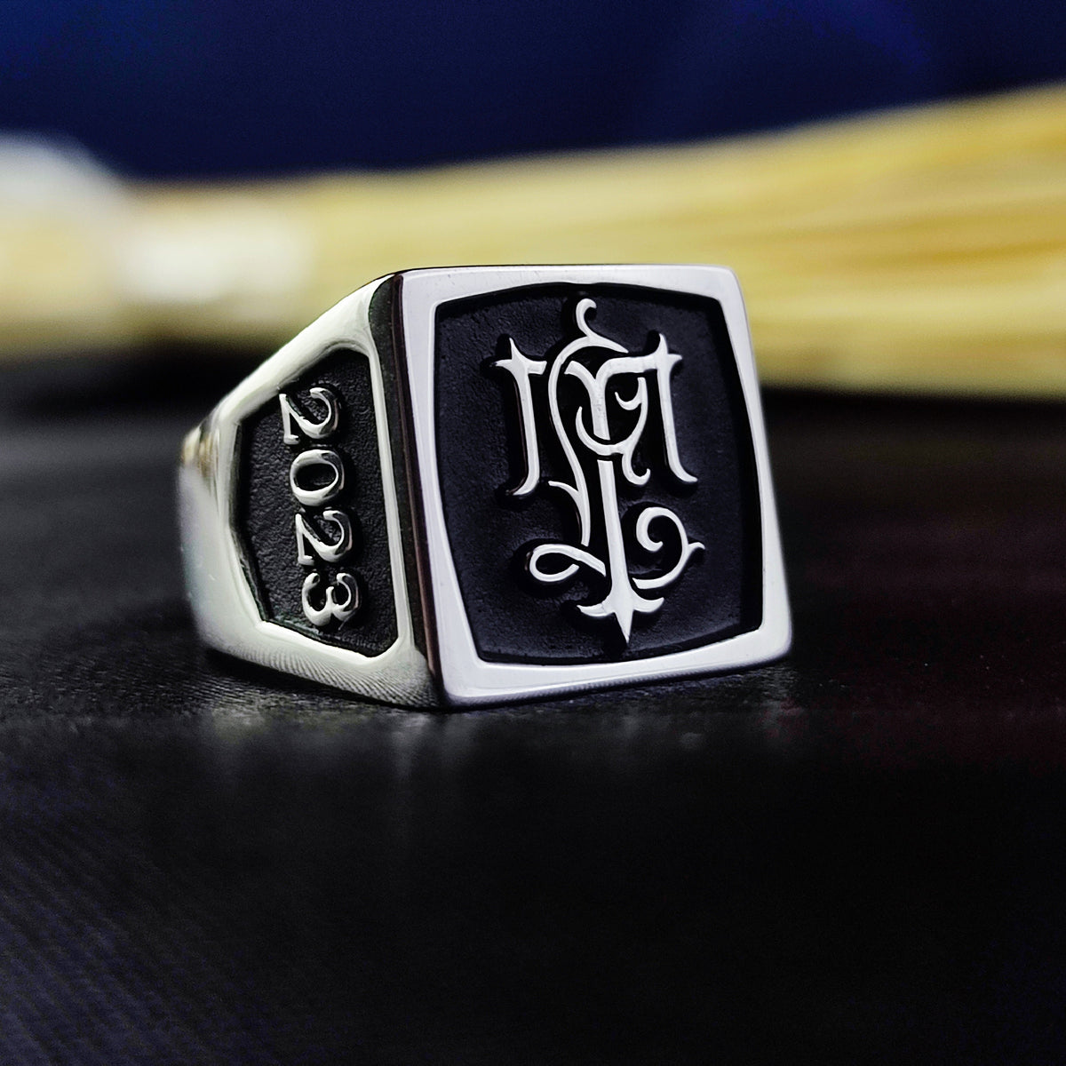 Custom Two Initial Ring, Men's Square Monogram Ring in Sterling Silver or Gold