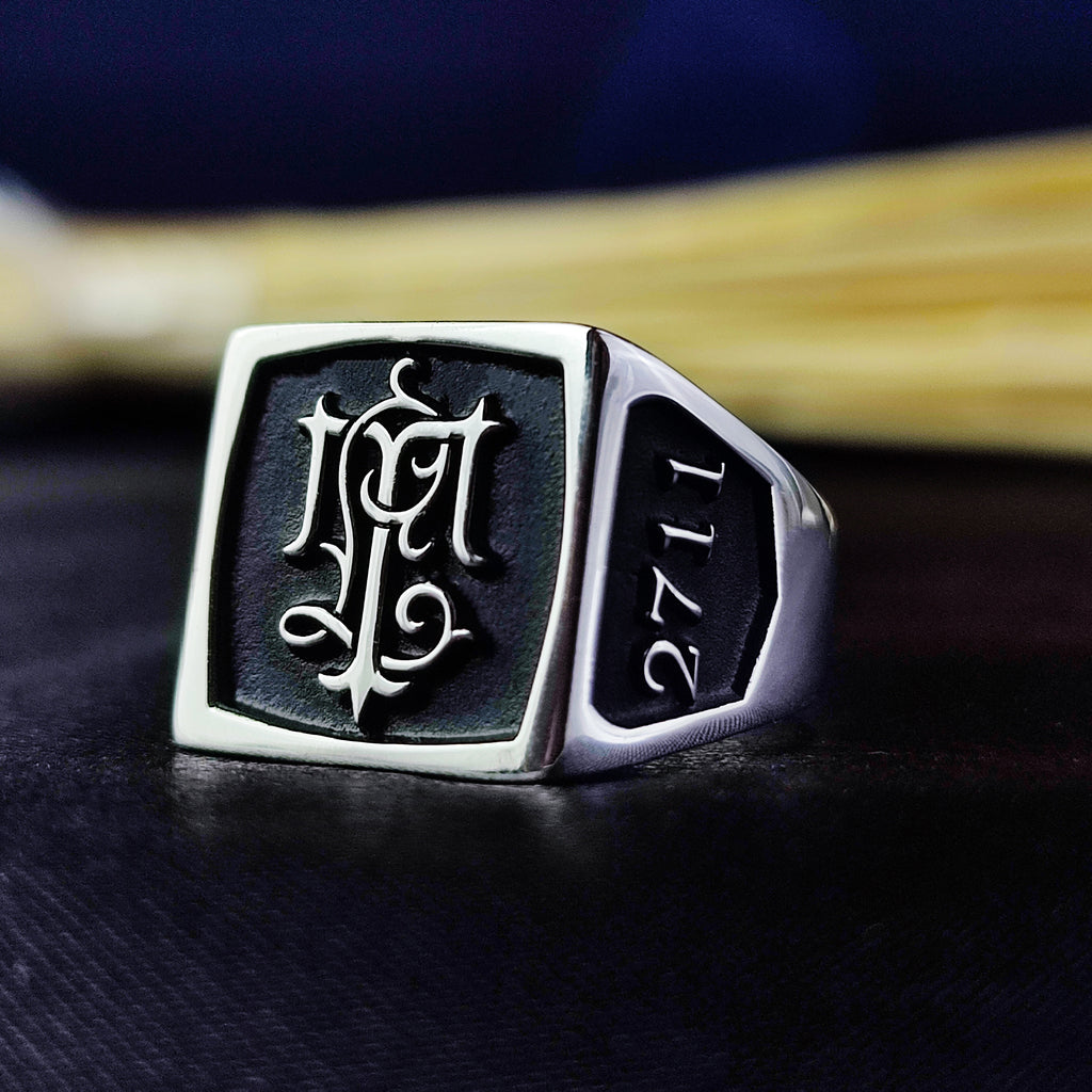 Custom Two Initial Ring, Men's Square Monogram Ring in Sterling Silver or Gold