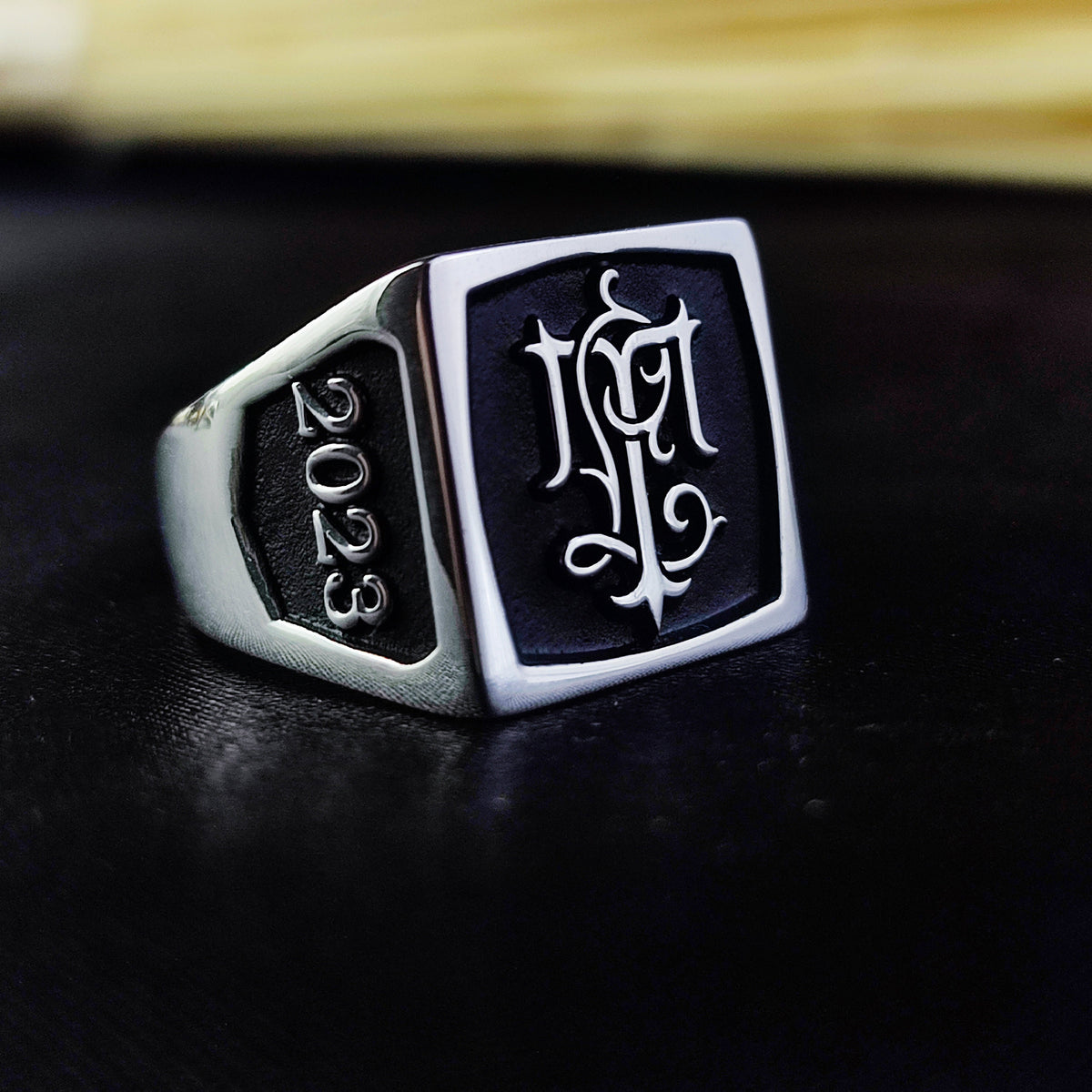 Custom Two Initial Ring, Men's Square Monogram Ring in Sterling Silver or Gold