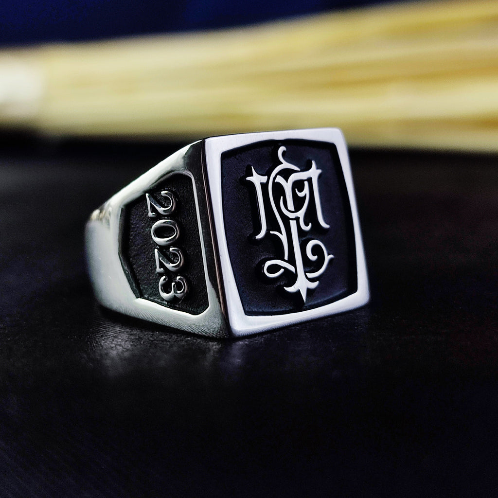 Custom Two Initial Ring, Men's Square Monogram Ring in Sterling Silver or Gold